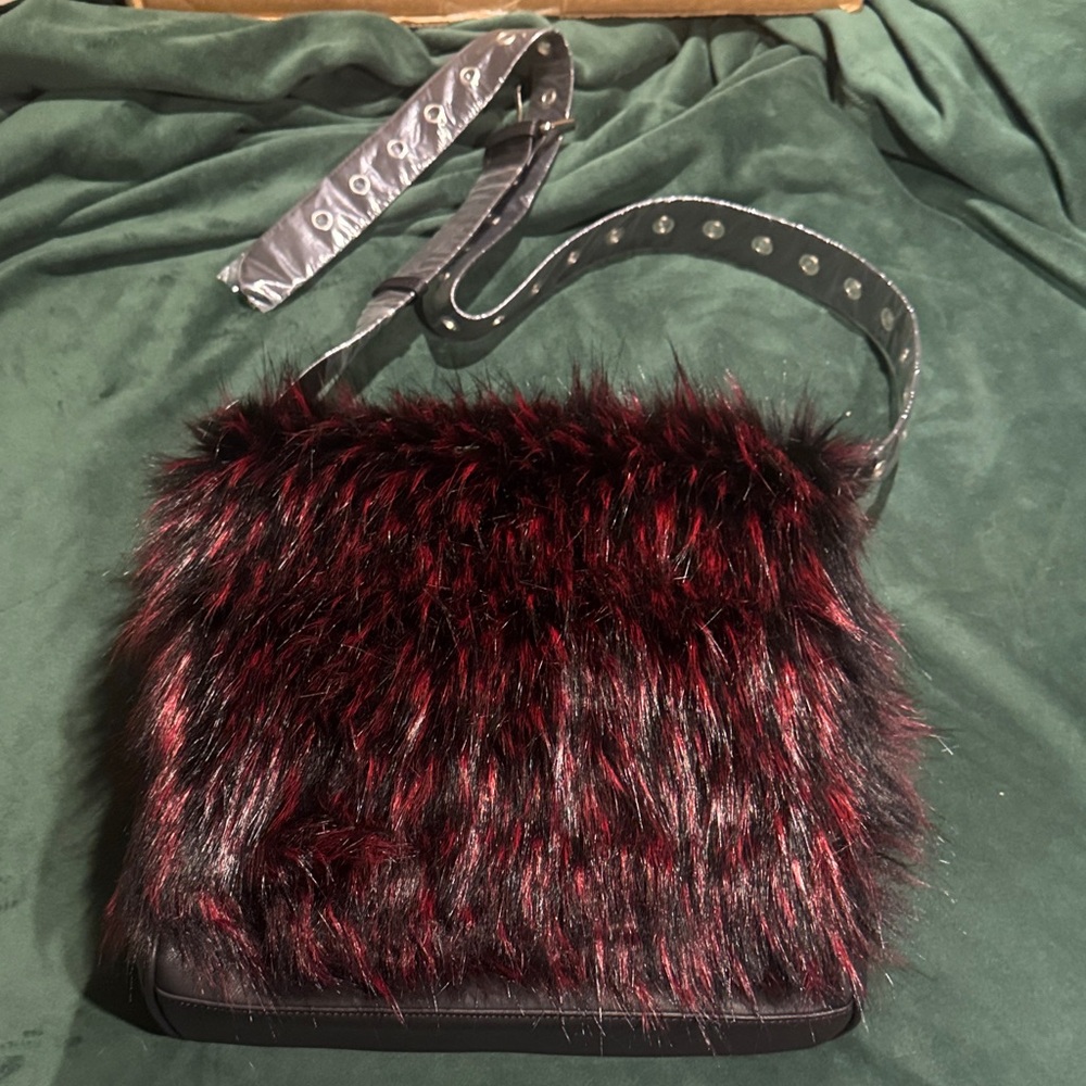 Dolls Kill Black and Red Faux Fur Crossbody Bag